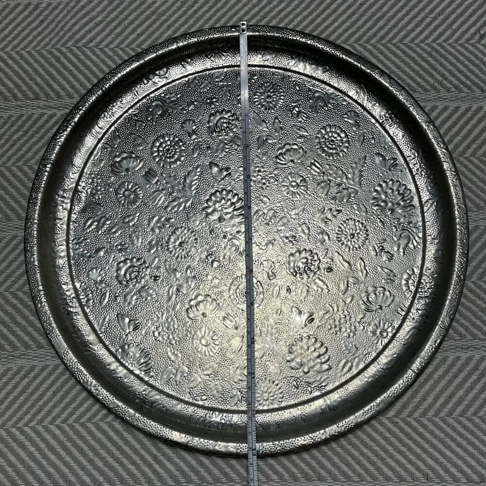 Textured Tea Tin Round Platter Tray Silver Tone 13in Vintage Floral Relief